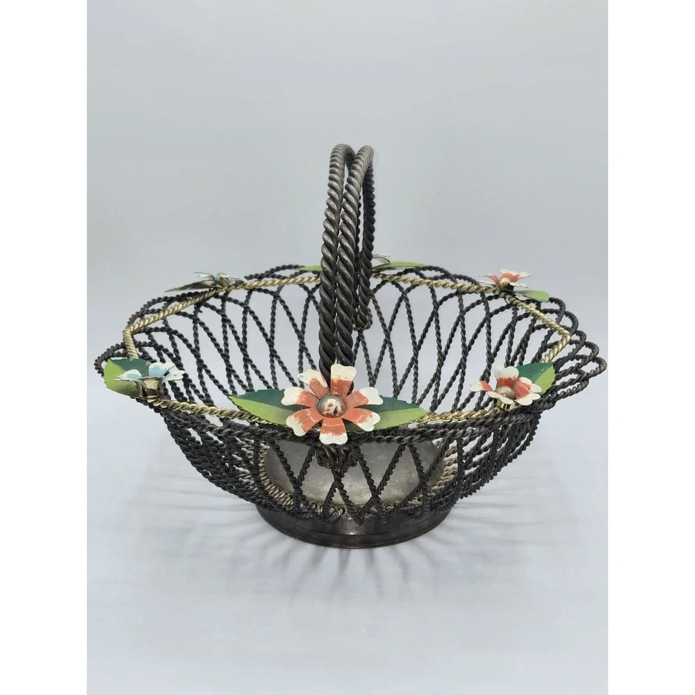 Vintage Silver Plate Wirework Basket Floral Painted Flowers Twisted Handle Japan